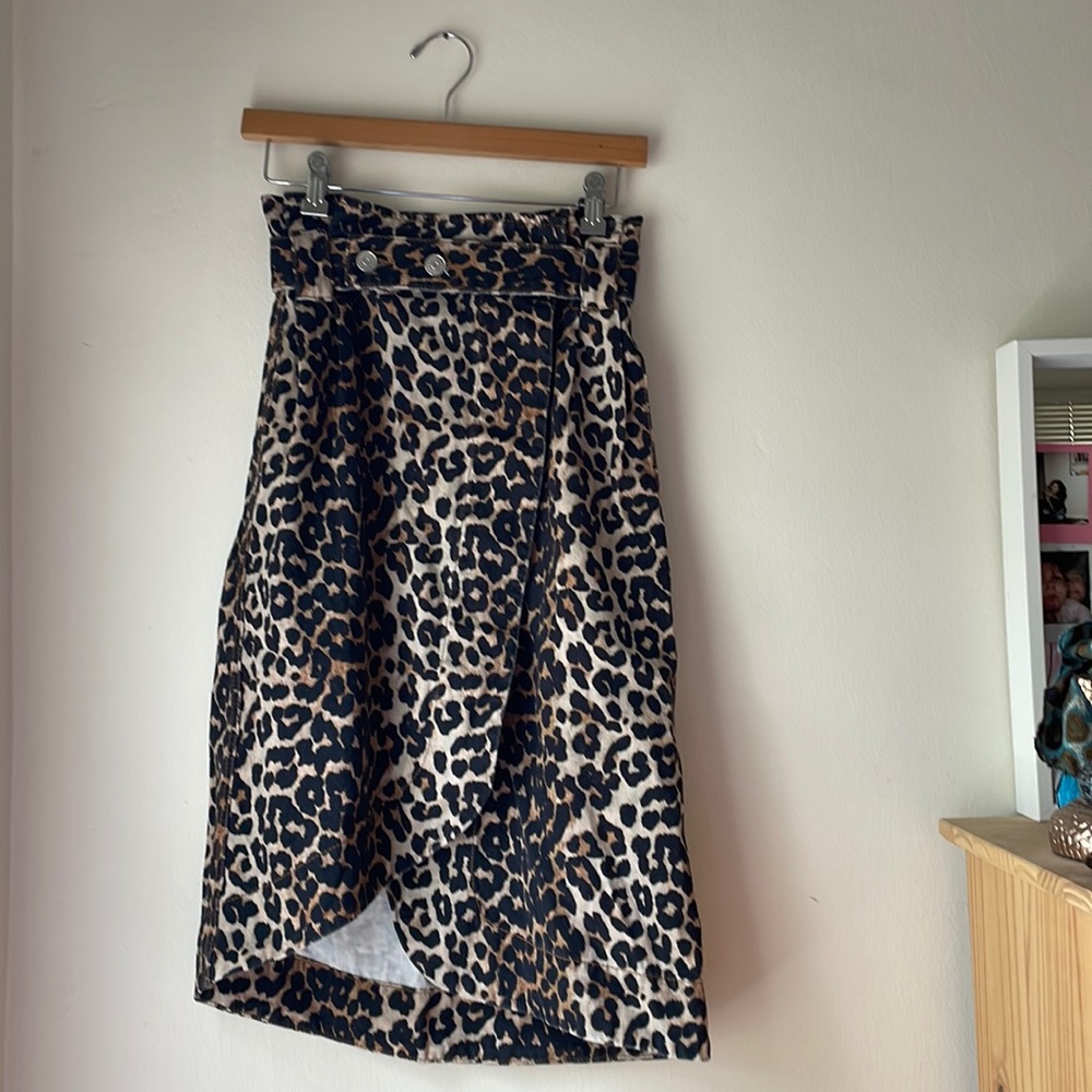 NWT Ganni Asymmetric Belted Leopard-print Denim Wrap Skirt